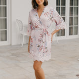 Serena Veiled Rose Printed Lace Trim Satin Robe