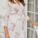 Rose Mist Floral Lace Trim Satin Robe