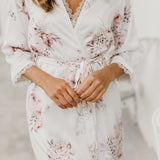 Rose Mist Floral Lace Trim Satin Robe