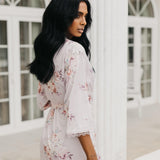 Rose Mist Floral Lace Trim Satin Robe