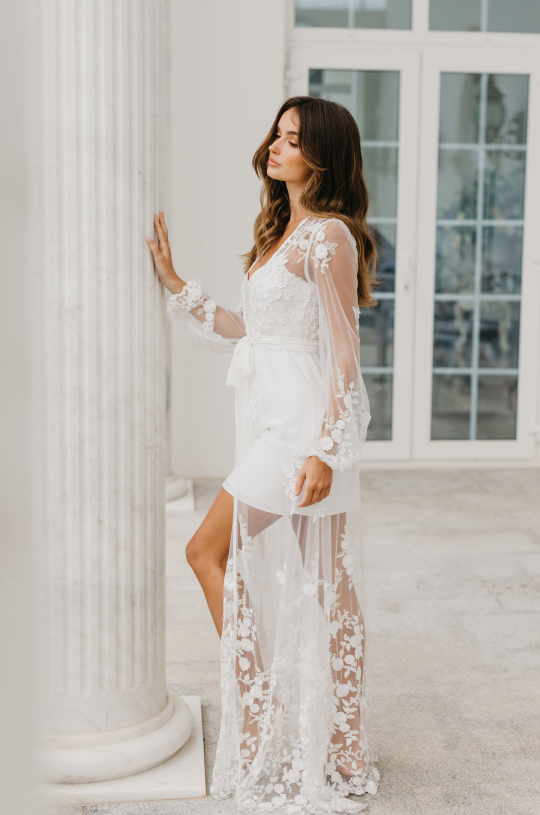 Steffanie Beaded Floral Lace Maxi Bridal Robe - Includes Slip