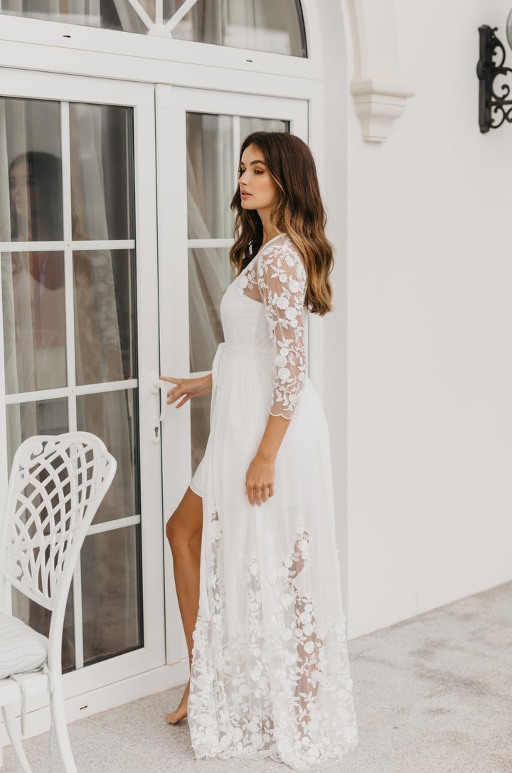 Piper Beaded Floral Lace Maxi Bridal Robe - Includes Slip