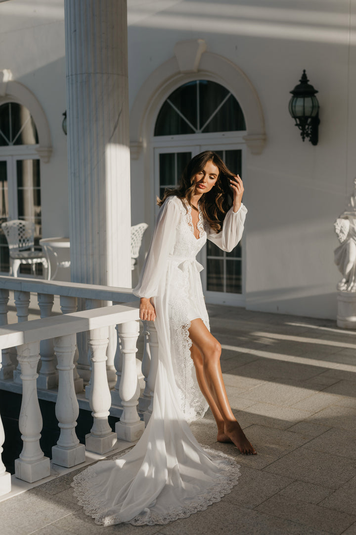 Jolie Lace Trim Maxi Bridal Robe With Train - Includes Slip