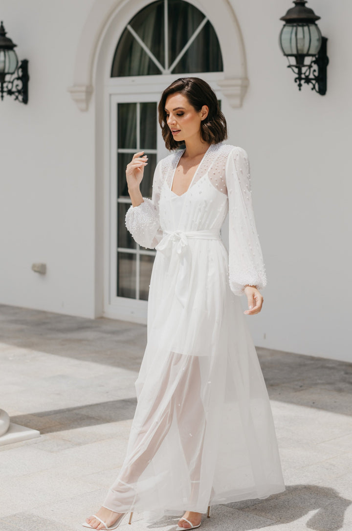 Millie Hand Beaded Pearl Mesh Maxi Bridal Robe - Includes Slip