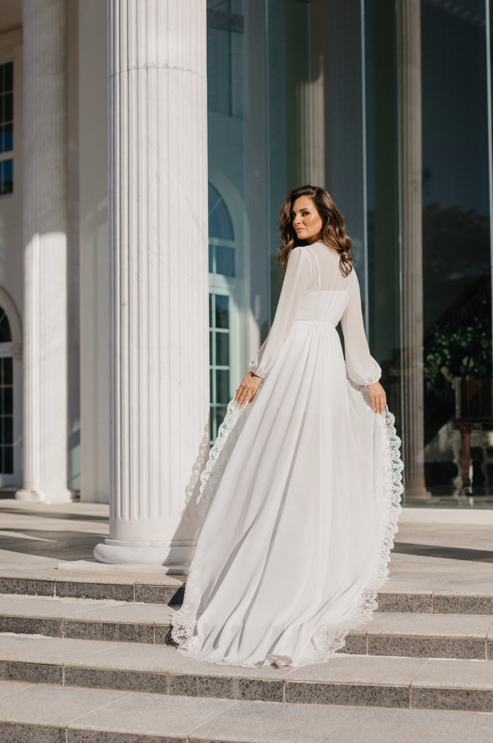 Jolie Lace Trim Maxi Bridal Robe With Train - Includes Slip