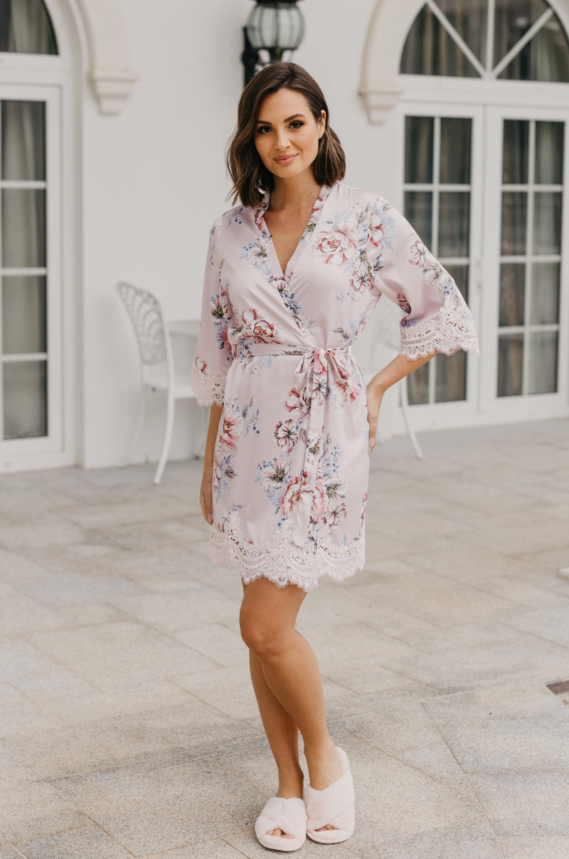 Serena Veiled Rose Printed Lace Trim Satin Robe