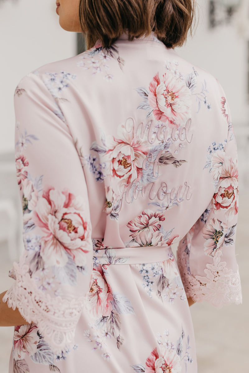 Serena Veiled Rose Printed Lace Trim Satin Robe