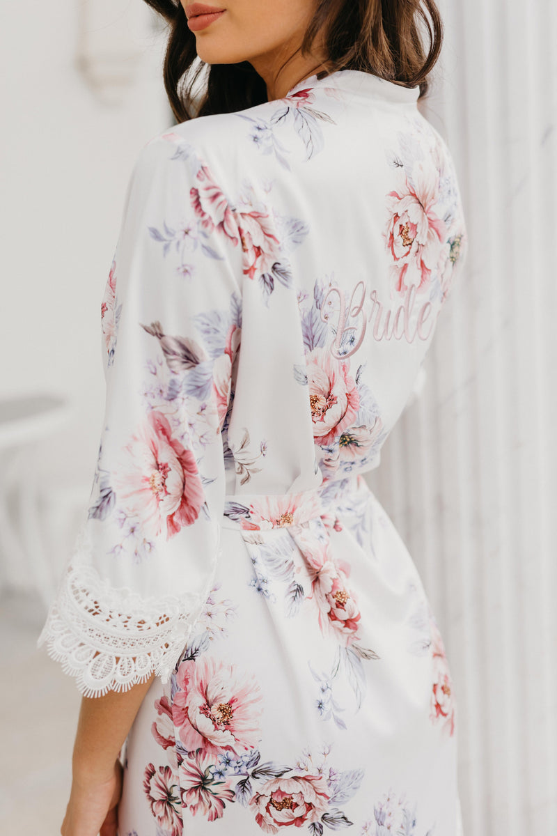 Serena Veiled Rose Printed Lace Trim Satin Robe