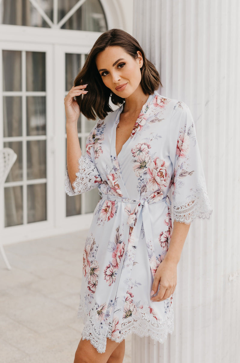 Serena Veiled Rose Printed Lace Trim Satin Robe