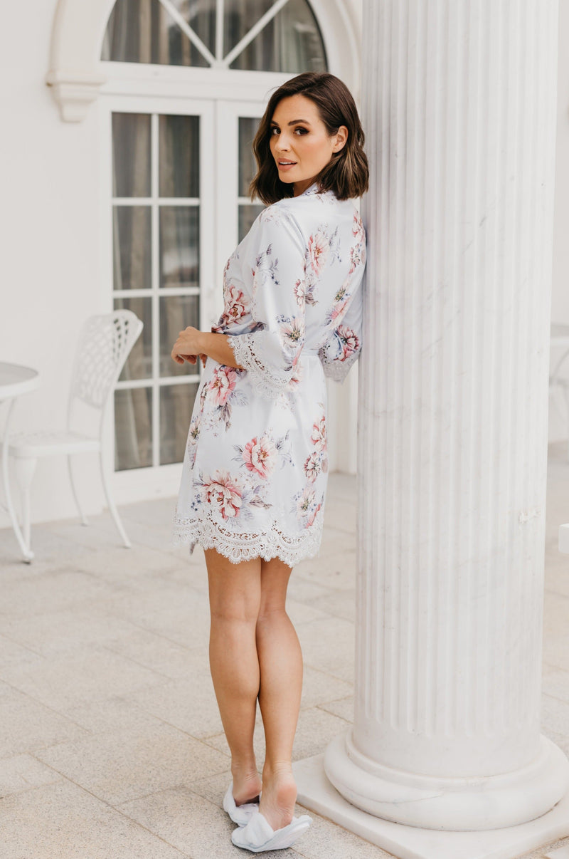 Serena Veiled Rose Printed Lace Trim Satin Robe