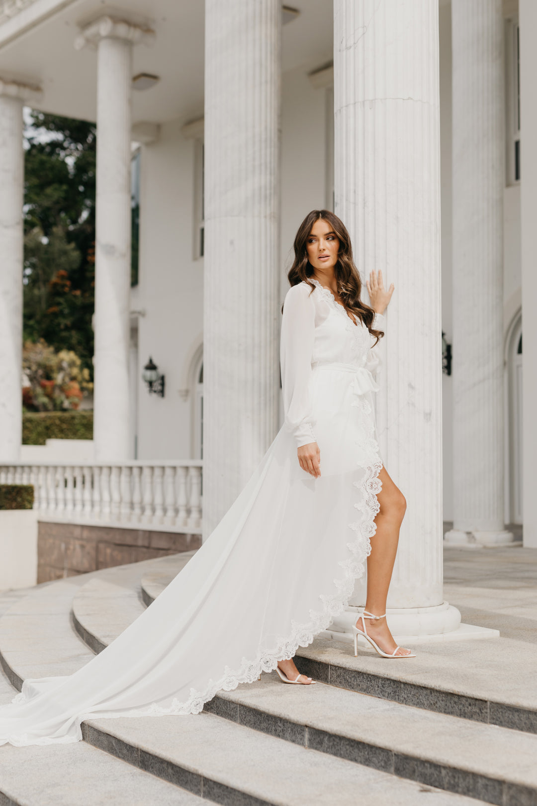 Vivian Lace Trim Maxi Bridal Robe With Train - Includes Slip