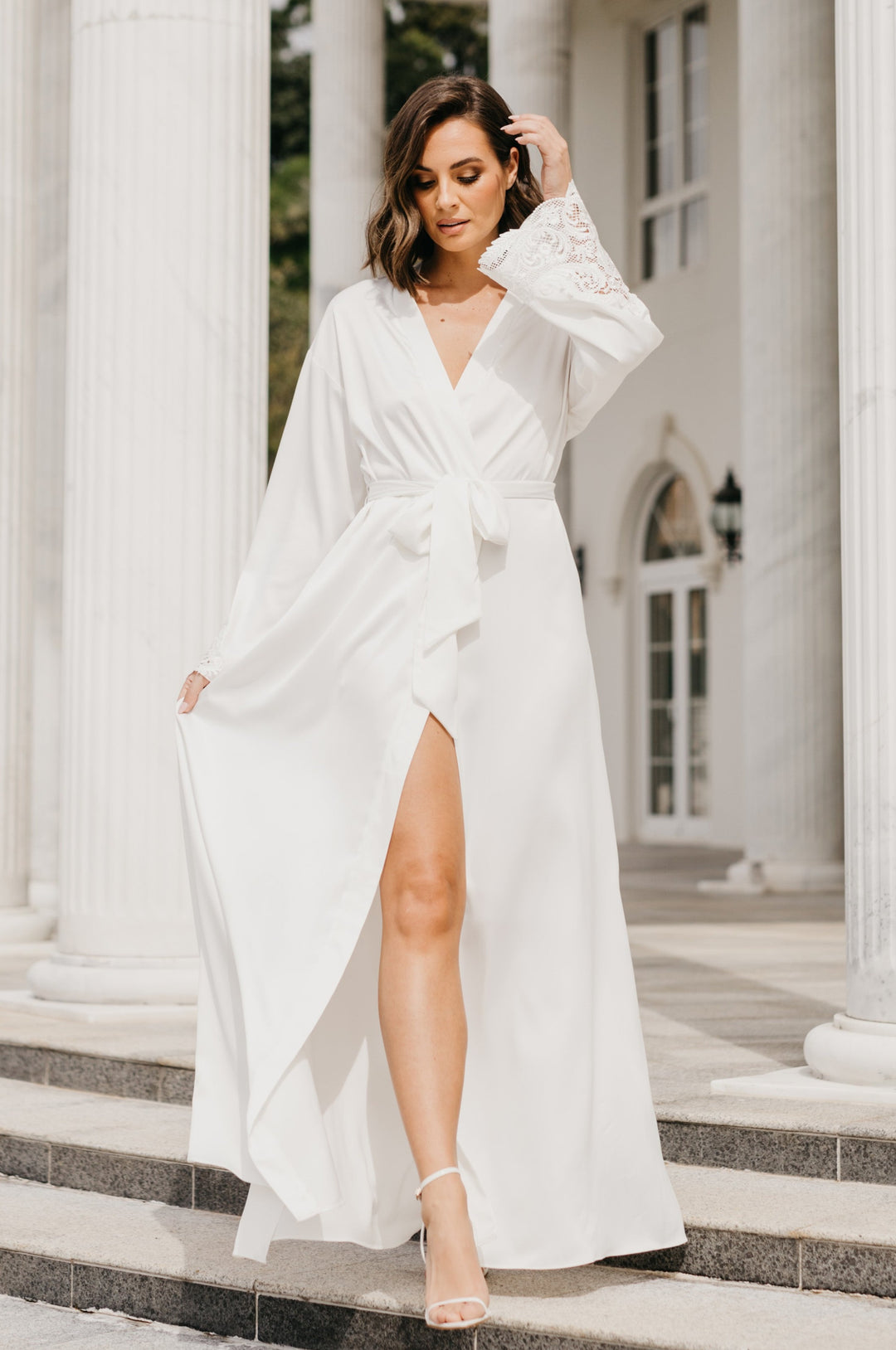 Erica Satin Lace Trim Maxi Bridal Robe