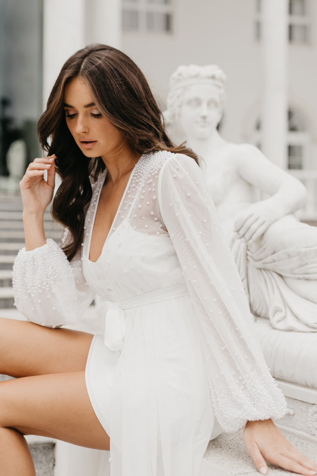Millie Hand Beaded Pearl Mesh Maxi Bridal Robe - Includes Slip