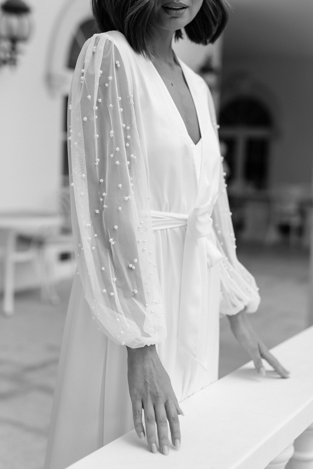 Sophia Hand Beaded Pearl Sleeve Maxi Bridal Robe - Includes Slip