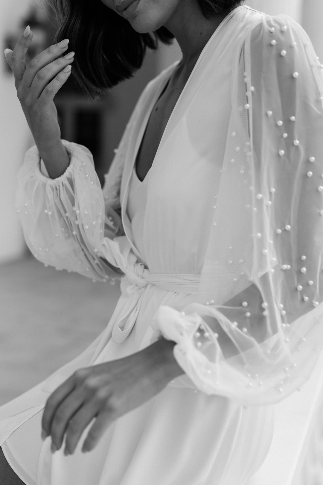 Sophia Hand Beaded Pearl Sleeve Maxi Bridal Robe - Includes Slip